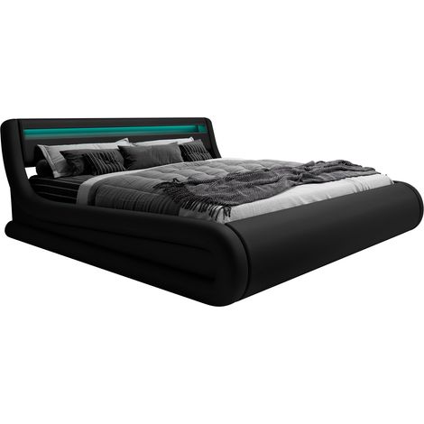 Cama Canapé de matrimonio  Cama doble con Cabecero y Canapé LED  Somier lamas  Negro  Madera y polipiel  Modelo Rodas  Para Colchón 160x200