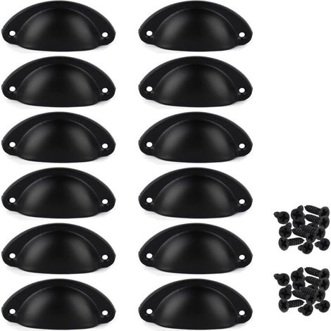 Juego de 12 tiradores vintage para cajones, tiradores tradicionales de media luna para muebles, tiradores en forma de concha para armarios, roperos y cómodas, color negro, tornillos incluidos.