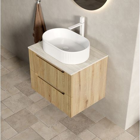 Meuble vasque suspendu 60x46x62,2 cm en contreplaqué blanc et chêne clair, 2 tiroirs – MEUBLIV (1/5)