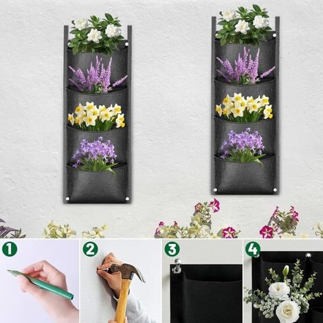 Sac à Plantes Mural, 4 Poches Sacs de Plantation Murale, Sac de Plantation Vertical, Sacs de Plantation, Poche Mur Vegetal, Jardin Vertical Exterieur pour Balcon, Extérieur, Jardin, Cour (1/3)