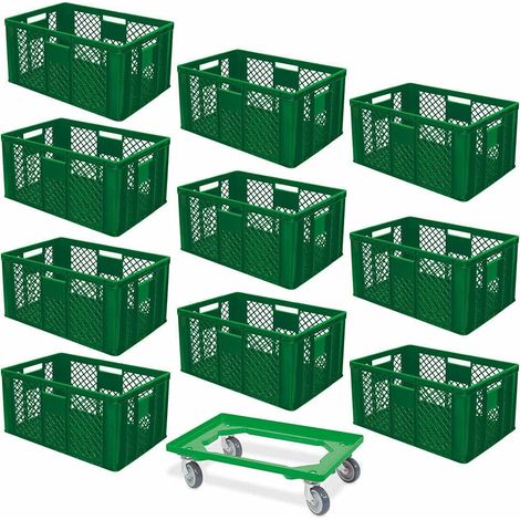 BRB Lot économique de 10 bacs empilables et roulettes de transport, 600 x 400 x 320 mm, qualité industrielle, convient à un usage alimentaire, vert