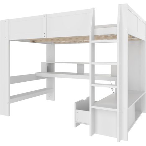 Lit Mezzanine Lit Double avec Bureau, LED 16 Couleurs, Tiroir et Étagères 140×200 cm, sans Matelas, Blanc (1/4)