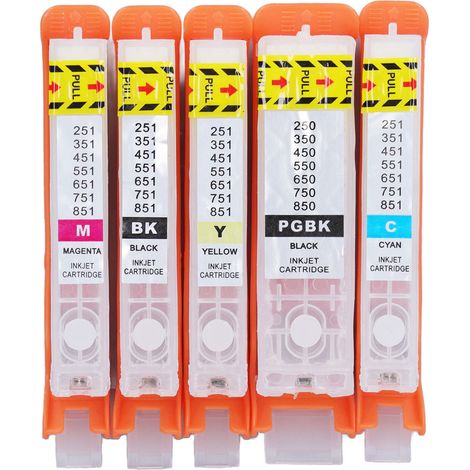 5 Cartouches d'encre rechargeables, sortie fluide, 5 couleurs PGBK BK C M Y pour imprimante 750 751 (1/5)