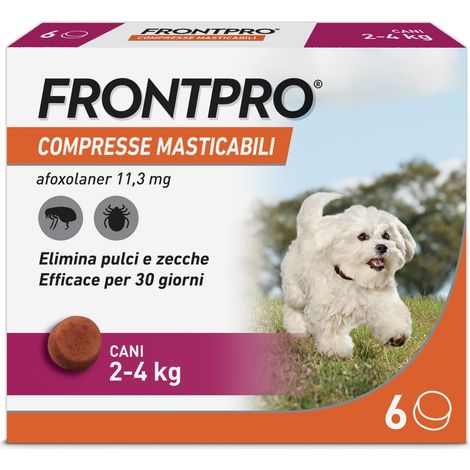FRONTPRO 6 Compresse Masticabili Antiparassitario per Cani di Peso 2-4 kg Protegge da Pulci Zecca Uova e Larve Antipulci in Confezione da 6 Compresse da 11.3 mg di Afoxolaner (1/5)