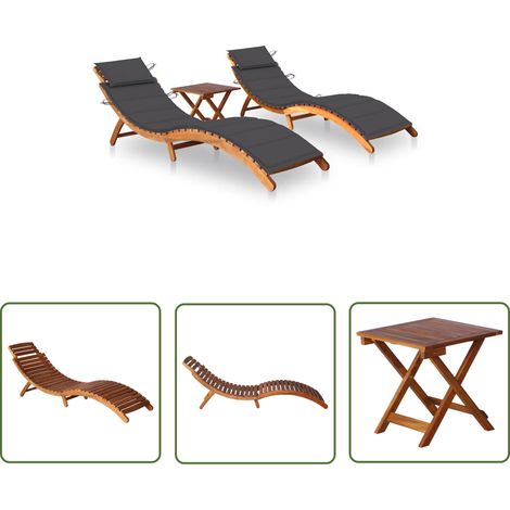 vidaXL Sun Loungers 2 pcs with Table and Cushions Solid Acacia Wood