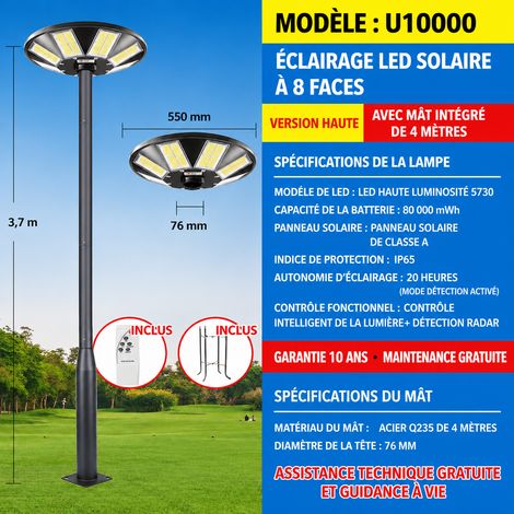 Lampadaire solaire extérieur LED soucoupe U10000 avec mât 4 m pour 70 m² u10000 4 70 3 kg – Livraison gratuite