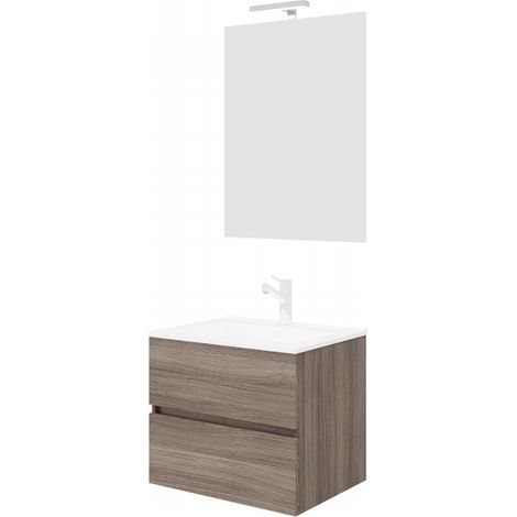 Mueble de baño suspendido de 60 cm en madera de roble ahumado con lavabo y espejo - Empoli - Con columna espejo y lámpara LED (1/5)