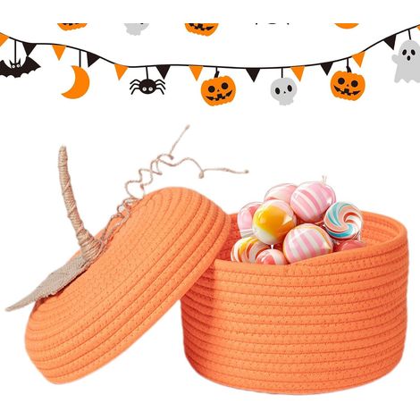 Panier de rangement tissé d'Halloween Bac de rangement rond avec couvercle Seau à d'Halloween Adorable panier à bonbons et seau à pour les fêtes d'Halloween et la
