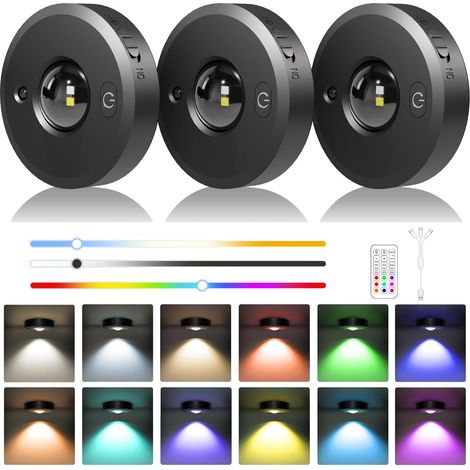 Lot de 3 palets lumineux rechargeables à DEL avec télécommande, à intensité variable, 12 couleurs et 2 dynamiques, fonctionne avec batterie 1000 mAh, minuteur, lumière magnétique à coller, idéale pour (1/5)
