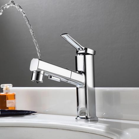 Robinet de salle de bain avec douchette extensible, 2 types de jet, mitigeur monocommande, mitigeur chaud et froid, pour salle de bain (argenté) (1/5)