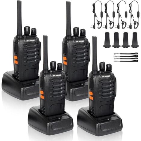 4 x Walkie-Talkies, Zweikanal-Radio, 400 – 470 MHz, Walkie-Talkies mit Original-Ohrhörern, wiederaufladbar, tragbares Radio, FM-Transmitter, 16 Kanäle – Schwarz (1/4)