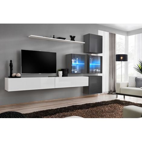 Ensemble mural - Switch XIX - 4 vitrines - 2 bancs TV - 1 étagère - Blanc et graphite - Modèle 1 - Livraison gratuite
