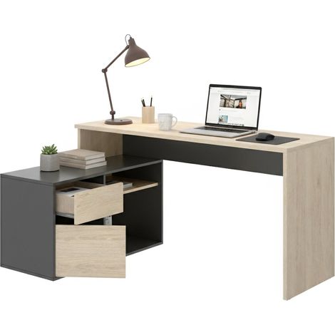 Dmora - Scrivania Andor, Scrittoio multiposizione da ufficio o cameretta, Tavolo da studio angolare multiuso, 139x92h75 cm, Rovere e Antracite