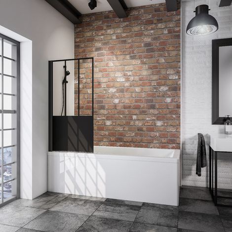 Schulte Duschwand für Badewanne 80x140 cm – 1-teilig schwenkbar, schwarzes Profil, 5 mm Sicherheitsglas mit Dekor Atelier 5 & Fixil-Beschichtung (1/4)