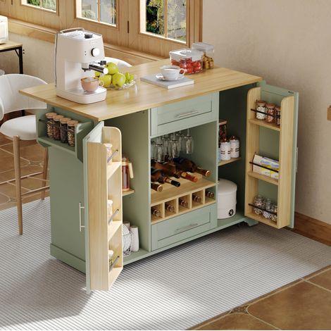 Isla de cocina móvil de 138x45(70)x92 cm con encimera abatible, espacio de almacenamiento y MDF verde antiguo. (1/5)