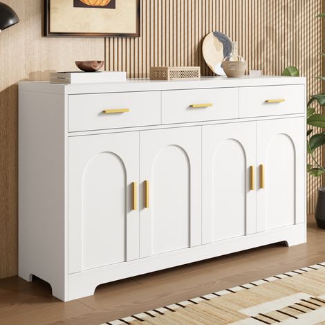 Buffet de salon blanc à quatre portes cintrées, 3 tiroirs, étagères réglables en hauteur, structure en MDF, poignées en métal doré (1/4)
