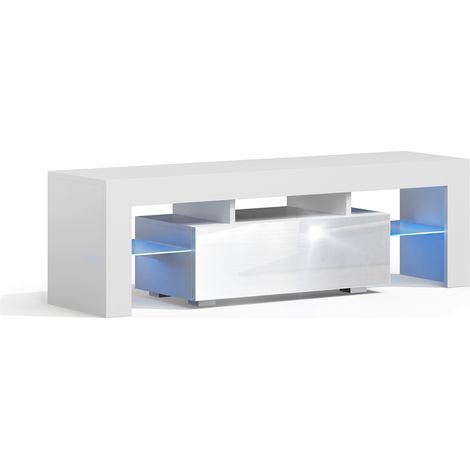 Meuble TV SPIDER A LED en Blanc MAT avec porte Blanc Laqué 130 cm (1/3)