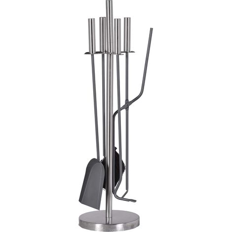 Attrezzi da camino, 5 pezzi, 180 x 180 x 640 mm (L x P x A), posate grigie laccate, supporto e manici in acciaio INOX