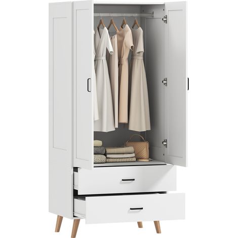 HOMCOM Wardrobe with 2 Drawers Hanging Rail, 180 cm Storage Closet, White (1/5)