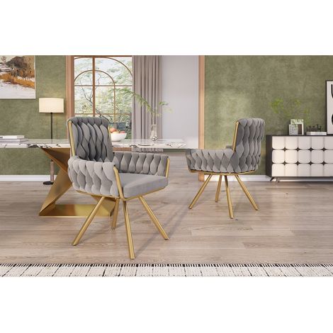 Lot de 2 chaises de salle à manger pivotantes 360°, velours gris, fauteuils avec accoudoirs et pieds en métal (1/5)