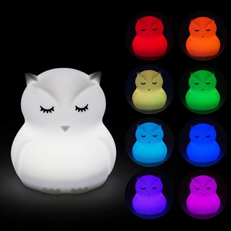 Veilleuse rechargeable en silicone souple en forme d'animal, ajustez la luminosité et 9 couleurs via le contrôle tactile et la télécommande, convient aux enfant/adultes (grande chouette) (1/5)