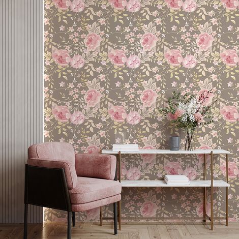 Papier peint intissé pré-encollé - FLEURS VINTAGE ROSE PIVOINES GRIS - 1 rouleau de 300x60cm (1/5)
