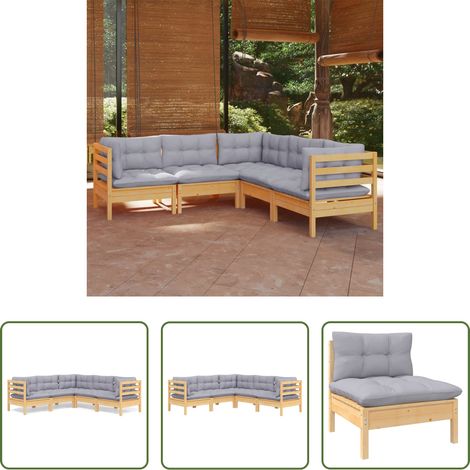 Terrassensofa - 5-tlg. Garten-Lounge-Set mit Grauen Kissen Kiefer Massivholz (1/5)