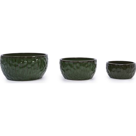 Set de 3 macetas de cerámica esmaltada verde con efecto martillado y drenaje (1/5)