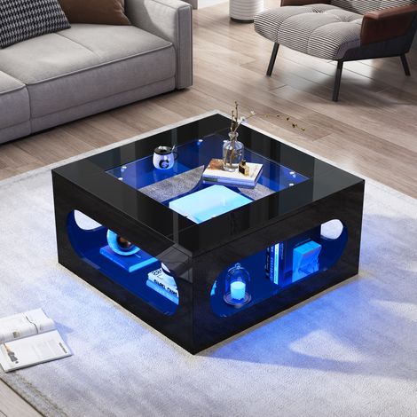 Quadratischer Couchtisch mit offener Mitte und LED Streifen, Platte aus gehärtetem Glas, für Wohnzimmer, MDF, Schwarz, 70×70×35 cm (1/5)