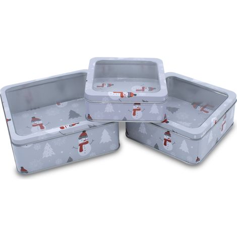 Metall Gebäckdose mit Sichtfenster 3er Set eckig -  21 / 17 / 15 cm - Weihnachts Plätzchen Vorratsdose mit Schneemann Motiv - Keksdose Plätzchendose Aufbewahrung Geschenkbox
