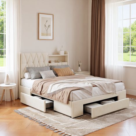 Polsterbett 140x190 cm mit Stauraum, Doppelbett mit LED und USB-Ladeanschlüssen,  Modernes Jugendbett, Bettgestell mit Kopfteil und Lattenrost, Velour Beige, Ohne Matratze