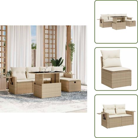 Salon de jardin avec coussins 6 pcs beige résine tressée - Ensemble Salon De Jardin - Mobilier Extérieur - Table Basse Extensible - Chaise Longue - Fauteuil Pliable (1/5)