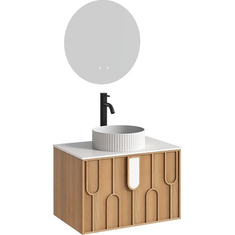 Mobile bagno testurizzato sospeso con lavabo da appoggio rotondo scanalato, rubinetto e specchio Naturale chiaro L75 cm - MERKAN (1/4)
