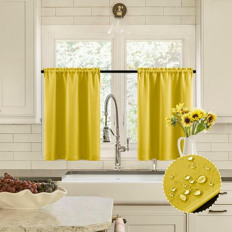 Rideaux de fenêtre de Cuisine Jaunes au-Dessus de l’évier, Rideaux de Petite fenêtre de Style bohème imperméables pour Salle de Bain, décoration printanière, 60 cm de Long, Jaune Citron Vif (1/5)