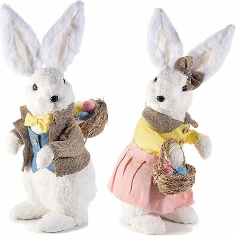 2x Coniglietti Pasquali Decorativi in Fibra Naturale con Cestino, Vestito e Uova (1/2)