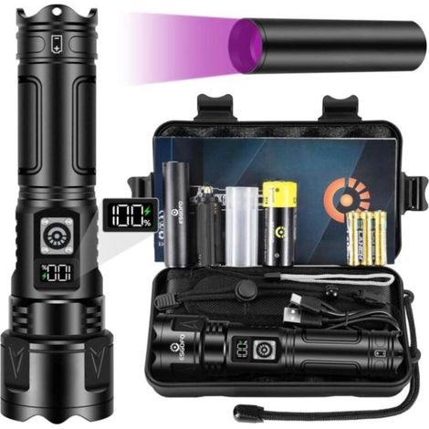 Ultrahelle LED-Taschenlampe, 100.000 Lumen, USB-C-Ladeanschluss, multifunktionale taktische Taschenlampe mit großer Reichweite, Zoombar, wasserdicht (IPX6), LCD-Display, ideal für Camping