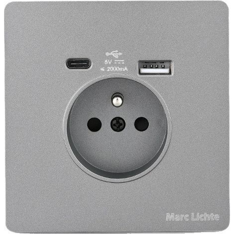 1pc Prise Électrique Murale 16A avec USB et Type C, Multiprise Murale avec Verre Trempé, Prise USB Charge Rapide pour Smartphone, Tablette et Appareils Électriques, Gris (1/5)
