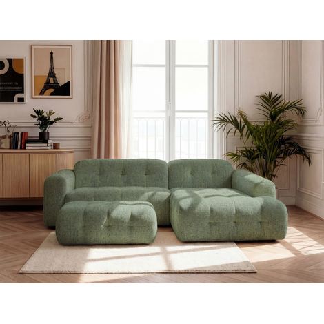BOBOCHIC - Canapé d'angle fixe LAURA tissu chiné avec grand pouf Angle droit Vert clair (1/5)