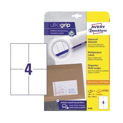 Avery Zweckform 6120 Universal-Etiketten, 105 x 148 mm, Geeignet für Deutsche Post INTERNETMARKE, 25 Blatt/100 Etiketten, weiß (1/5)