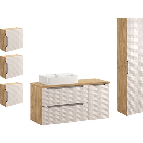 Waschtisch und Hängesäule 120cm Mallory mit 2 Schubladen, Beige und Holzoptik