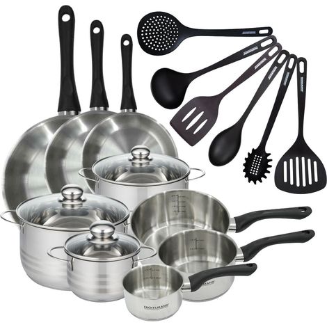 Set 3 poêles 20 24 28 cm 3 casseroles 12 16 20 cm, 3 faitouts 16, 20 et 24 cm en inox et 6 ustensiles RPET Fackelmann Geneva (1/5)