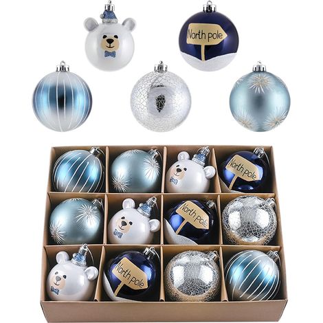 Boule de Noel pour Decoration Noel,12pcs 8cm Boules de Noel Bleu Blanc pour Deco Sapin de Noel,Personnalisée Incassable,Ours du Pôle Nord Argenté Neige, Cadeau Noel (1/5)