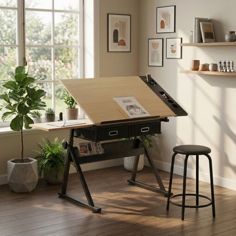 Bureau de dessin réglable 98x60 cm MDF métal érable avec tabouret pour télétravail - CHICFURN (1/5)