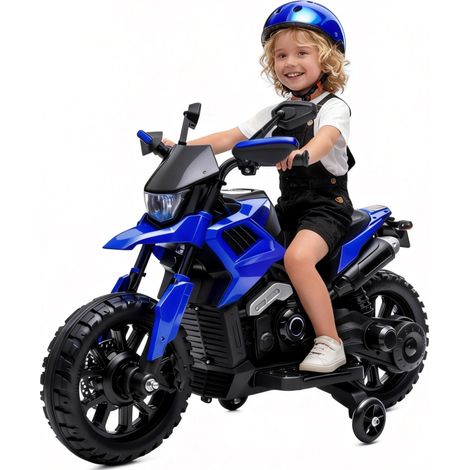 Moto électrique enfant 6V (batterie 6V 4Ah) 3-6 ans - Roulettes d’apprentissage - Phares LED + musique + klaxon - Stable, frais max 25 kg - Bleu (1/5)