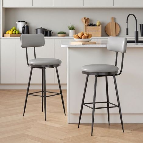 Barhocker, 2er-Set PU-Barhocker mit ergonomischer Rückenlehne und Fußstütze aus Metall, Industriedesign, grauer Barstuhl