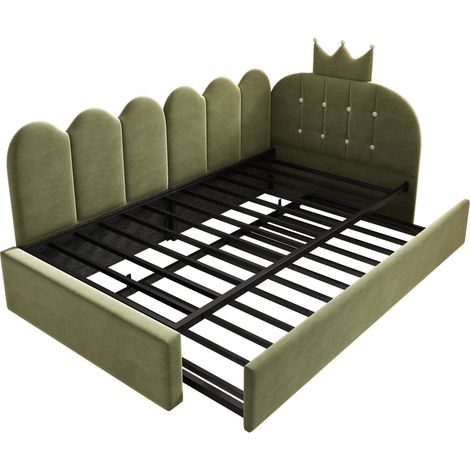 Cama banqueta de terciopelo verde 90 x 200 cm con cama nido 90 x 190 cm, diseño corona MODENUIT (1/5)
