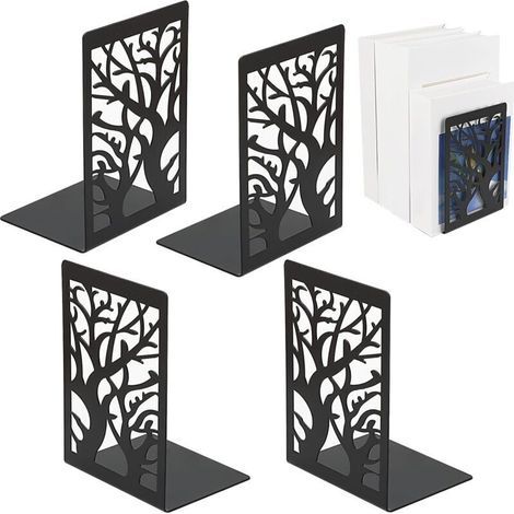 Set di 2 fermalibri (4 pezzi) - Fermalibri in metallo nero per mensole, scrivanie, scuole, case, biblioteche - Supporti per libri, 12 x 16 x 9,5 cm (1/4)