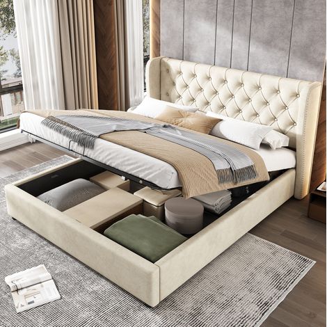 letto contenitore 140x200 velluto beige con testiera OKMYHOME (1/5)