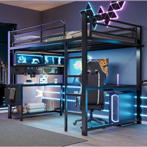 Lit mezzanine gaming 140 x 200 cm avec bureau, LED, USB et rangement, noir (1/5)