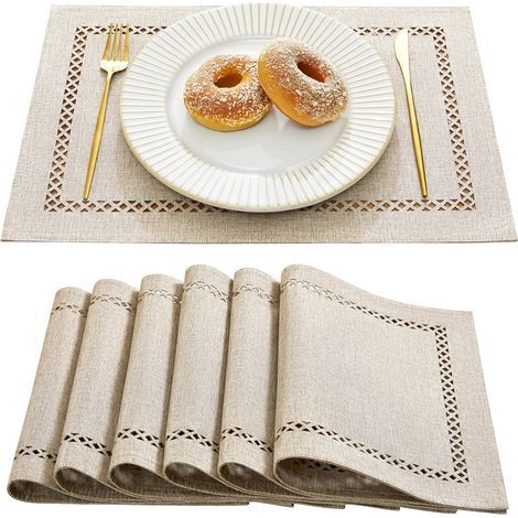Ensemble de 6 sets de table en lin de style champêtre, 33 x 45 cm, avec perforations géométriques rustiques, lavables pour les repas, les fêtes et l'usage quotidien (1/5)